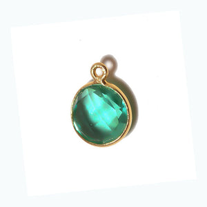 Stone Connectors & Drops. Sterling Silver Gold Plated / Vermeil 8.0mm Width / Length, Emerald Stone, Round Drop with one 3.3mm Closed Ring. Quantity Per Pack: 1 Piece.