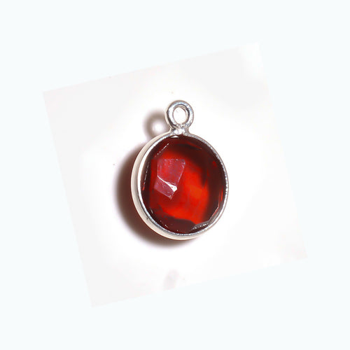 Stone Connectors & Drops. Sterling Silver 8.0mm Width / Length, Garnet Stone, Round Drop with one 3.3mm Closed Ring. Quantity Per Pack: 1 Piece.