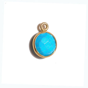 Stone Connectors & Drops. Sterling Silver Gold Plated / Vermeil 8.0mm Width / Length, Turquoise Stone, Round Drop with one 3.3mm Closed Ring. Quantity Per Pack: 1 Piece.