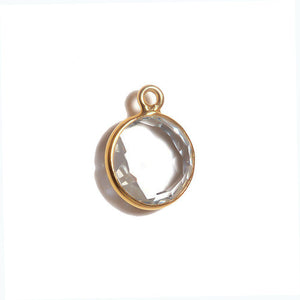 Stone Connectors & Drops. Sterling Silver Gold Plated / Vermeil 8.0mm Width / Length, Clear Quartz Stone, Round Drop with one 3.3mm Closed Ring. Quantity Per Pack: 1 Piece.