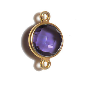 Stone Connectors & Drops. Sterling Silver Gold Plated / Vermeil 8.0mm Width / Length, Amethyst Stone, Round Connector with 3.3mm Closed Ring on each side. Quantity Per Pack: 1 Piece.