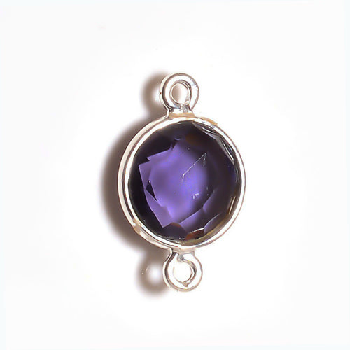 Stone Connectors & Drops. Sterling Silver 8.0mm Width / Length, Amethyst Stone, Round Connector with 3.3mm Closed Ring on each side. Quantity Per Pack: 1 Piece.