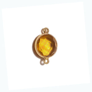 Stone Connectors & Drops. Sterling Silver Gold Plated / Vermeil 8.0mm Width / Length, Citrine Stone, Round Connector with 3.3mm Closed Ring on each side. Quantity Per Pack: 1 Piece.