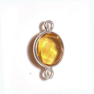 Stone Connectors & Drops. Sterling Silver 8.00mm Width / Length, Citrine Stone, Round Connector with 3.30mm Closed Ring on each side. Quantity Per Pack: 1 Piece.