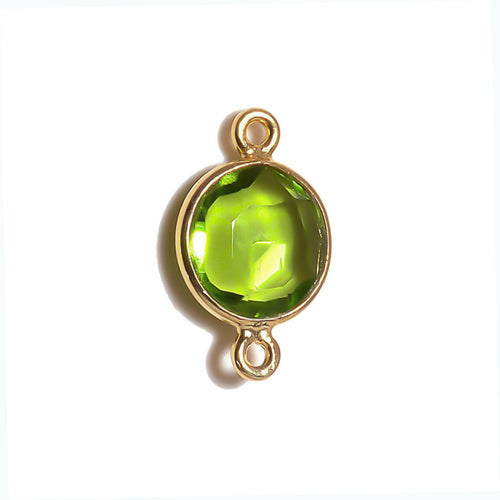 Stone Connectors & Drops. Sterling Silver Gold Plated / Vermeil 8.0mm Width / Length, Peridot Stone, Round Connector with 2.8mm Closed Ring on each side. Quantity Per Pack: 1 Piece.