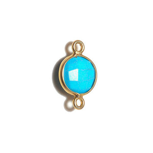 Stone Connectors & Drops. Sterling Silver Gold Plated / Vermeil 8.0mm Width / Length, Turquoise Stone, Round Connector with 2.8mm Closed Ring on each side. Quantity Per Pack: 1 Piece.