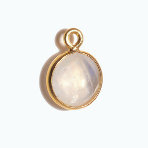 Stone Connectors & Drops. Sterling Silver Gold Plated / Vermeil 11.0mm Width / Length, Moonstone Stone, Round Drop with one 3.3mm Closed Ring. Quantity Per Pack: 1 Piece.