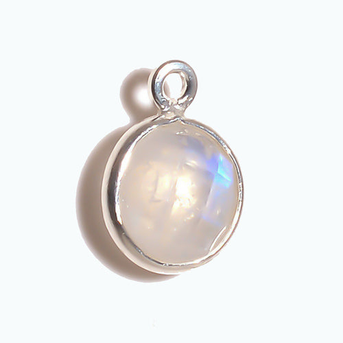 Stone Connectors & Drops. Sterling Silver 11.0mm Width / Length, Moonstone Stone, Round Drop with one 3.3mm Closed Ring. Quantity Per Pack: 1 Piece.