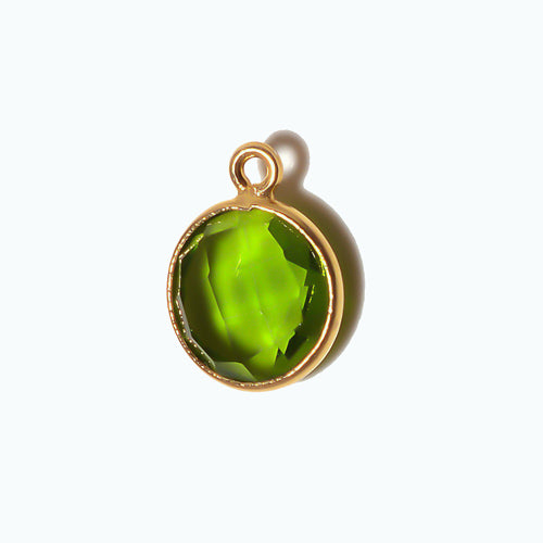 Stone Connectors & Drops. Sterling Silver Gold Plated / Vermeil 11.0mm Width / Length, Peridot Stone, Round Drop with one 3.3mm Closed Ring. Quantity Per Pack: 1 Piece.