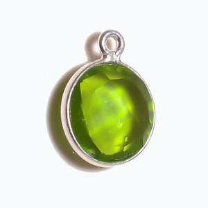 Stone Connectors & Drops. Sterling Silver 11.0mm Width / Length, Peridot Stone, Round Drop with one 3.3mm Closed Ring. Quantity Per Pack: 1 Piece.