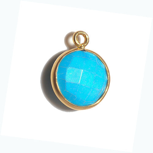 Stone Connectors & Drops. Sterling Silver Gold Plated / Vermeil 11.0mm Width / Length, Turquoise Stone, Round Drop with one 3.3mm Closed Ring. Quantity Per Pack: 1 Piece.