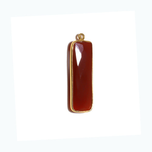 Stone Connectors & Drops. Sterling Silver Gold Plated / Vermeil 10.2mm Width by 33.8mm Length, Chalcedony - Carnelian Stone, Rectangle Drop with one 3.1mm Closed Ring. Quantity Per Pack: 1 Piece.