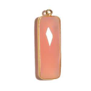 Stone Connectors & Drops. Sterling Silver Gold Plated / Vermeil 10.2mm Width by 33.8mm Length, Chalcedony - Rani Pink Stone, Rectangle Drop with one 3.1mm Closed Ring. Quantity Per Pack: 1 Piece.