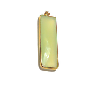 Stone Connectors & Drops. Sterling Silver Gold Plated / Vermeil 10.2mm Width by 33.8mm Length, Prehnite Chalcedony Stone, Rectangle Drop with one 3.1mm Closed Ring. Quantity Per Pack: 1 Piece.