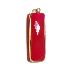 Stone Connectors & Drops. Sterling Silver Gold Plated / Vermeil 10.2mm Width by 33.8mm Length, Chalcedony - Rani Pink Stone, Rectangle Drop with one 3.1mm Closed Ring. Quantity Per Pack: 1 Piece.