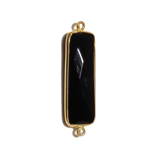 Stone Connectors & Drops. Sterling Silver Gold Plated / Vermeil 10.6mm Width by 36.7mm Length, Black Onyx Stone, Rectangle Connector with 3.1mm Closed Ring on each side. Quantity Per Pack: 1 Piece.