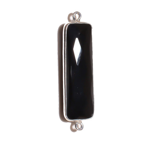 Stone Connectors & Drops. Sterling Silver 10.6mm Width by 36.7mm Length, Black Onyx Stone, Rectangle Connector with 3.1mm Closed Ring on each side. Quantity Per Pack: 1 Piece.