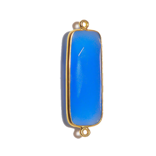 Stone Connectors & Drops. Sterling Silver Gold Plated / Vermeil 10.6mm Width by 36.7mm Length, Chalcedony - Blue Stone, Rectangle Connector with 3.1mm Closed Ring on each side. Quantity Per Pack: 1 Piece.