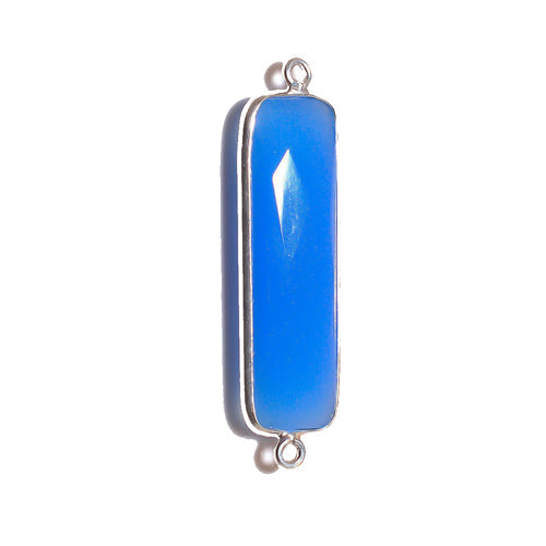 Stone Connectors & Drops. Sterling Silver 10.6mm Width by 36.7mm Length, Chalcedony - Blue Stone, Rectangle Connector with 3.1mm Closed Ring on each side. Quantity Per Pack: 1 Piece.