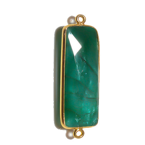 Stone Connectors & Drops. Sterling Silver Gold Plated / Vermeil 10.6mm Width by 36.7mm Length, Dyed Emerald Stone, Rectangle Connector with 3.1mm Closed Ring on each side. Quantity Per Pack: 1 Piece.