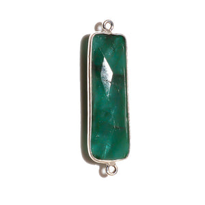 Stone Connectors & Drops. Sterling Silver 10.6mm Width by 36.7mm Length, Dyed Emerald Stone, Rectangle Connector with 3.1mm Closed Ring on each side. Quantity Per Pack: 1 Piece.