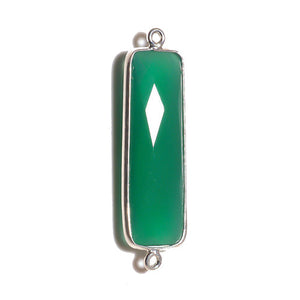 Stone Connectors & Drops. Sterling Silver 10.6mm Width by 36.7mm Length, Green Onyx Quartz Stone, Rectangle Connector with 3.1mm Closed Ring on each side. Quantity Per Pack: 1 Piece.