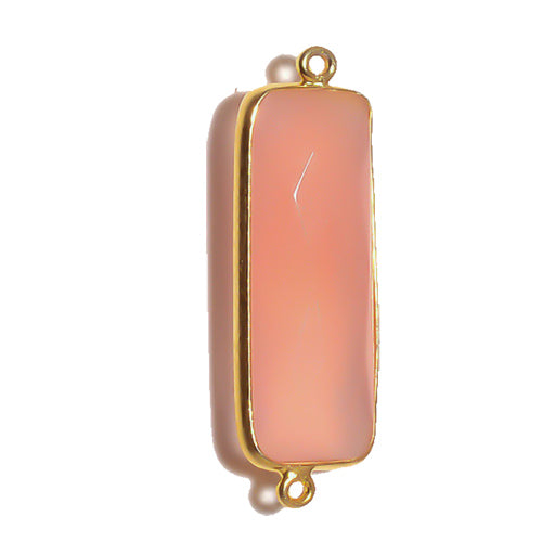 Stone Connectors & Drops. Sterling Silver Gold Plated / Vermeil 10.6mm Width by 36.7mm Length, Chalcedony - Rani Pink Stone, Rectangle Connector with 3.1mm Closed Ring on each side. Quantity Per Pack: 1 Piece.