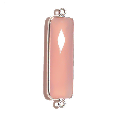 Stone Connectors & Drops. Sterling Silver 10.6mm Width by 36.7mm Length, Chalcedony - Rani Pink Stone, Rectangle Connector with 3.1mm Closed Ring on each side. Quantity Per Pack: 1 Piece.