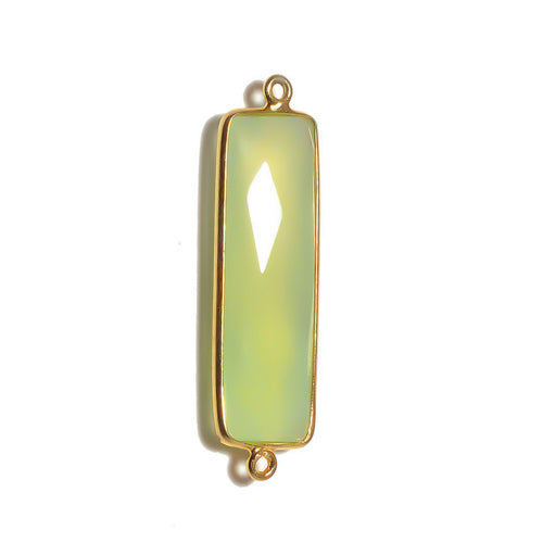 Stone Connectors & Drops. Sterling Silver Gold Plated / Vermeil 10.6mm Width by 36.7mm Length, Prehnite Stone, Rectangle Connector with 3.1mm Closed Ring on each side. Quantity Per Pack: 1 Piece.