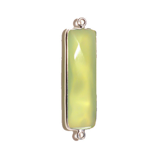 Stone Connectors & Drops. Sterling Silver 10.6mm Width by 36.7mm Length, Prehnite Stone, Rectangle Connector with 3.1mm Closed Ring on each side. Quantity Per Pack: 1 Piece.