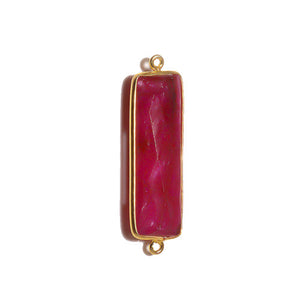 Stone Connectors & Drops. Sterling Silver Gold Plated / Vermeil 10.6mm Width by 36.7mm Length, Chalcedony - Rani Pink Stone, Rectangle Connector with 3.1mm Closed Ring on each side. Quantity Per Pack: 1 Piece.