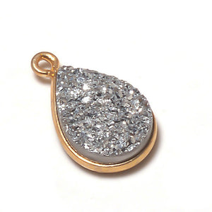 Stone Connectors & Drops. Sterling Silver Gold Plated / Vermeil 7.2mm Width by 16.6mm Length, Druzy - Silver Stone, Tear Drop, Drop with one 3.3mm Closed Ring.Quantity Per Pack: 1 Piece.