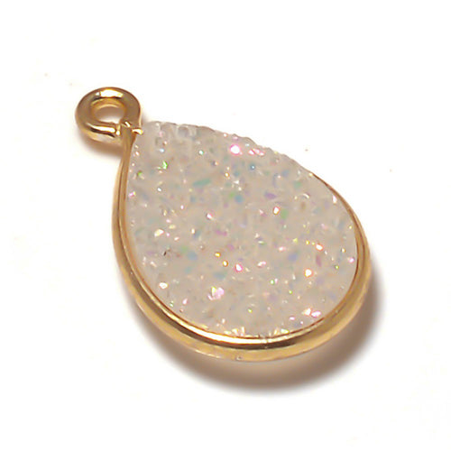 Stone Connectors & Drops. Sterling Silver Gold Plated / Vermeil 7.2mm Width by 16.6mm Length, Druzy - Rainbow Stone, Tear Drop, Drop with one 3.3mm Closed Ring. Quantity Per Pack: 1 Piece.