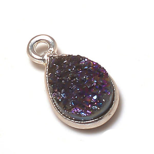 Stone Connectors & Drops. Sterling Silver 7.2mm Width by 16.6mm Length, Druzy - Violet Stone, Tear Drop, Drop with one 3.3mm Closed Ring. Quantity Per Pack: 1 Piece.