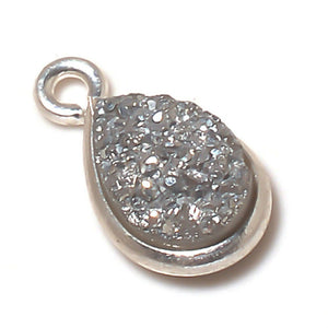 Stone Connectors & Drops. Sterling Silver 7.2mm Width by 16.6mm Length, Druzy - Silver Stone, Tear Drop, Drop with one 3.3mm Closed Ring. Quantity Per Pack: 1 Piece.