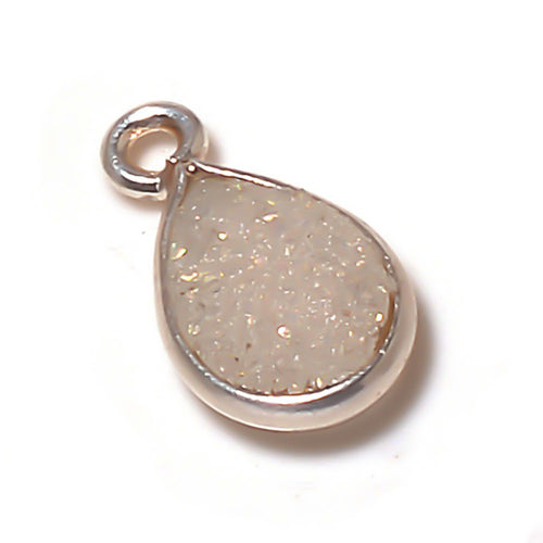 Stone Connectors & Drops. Sterling Silver 7.2mm Width by 16.6mm Length, Druzy - Rainbow Stone, Tear Drop, Drop with one 3.3mm Closed Ring. Quantity Per Pack: 1 Piece.