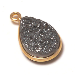 Stone Connectors & Drops. Sterling Silver Gold Plated / Vermeil 7.2mm Width by 13.0mm Length, Druzy - Black Stone, Tear Drop, Drop with one 3.3mm Closed Ring. Quantity Per Pack: 1 Piece.