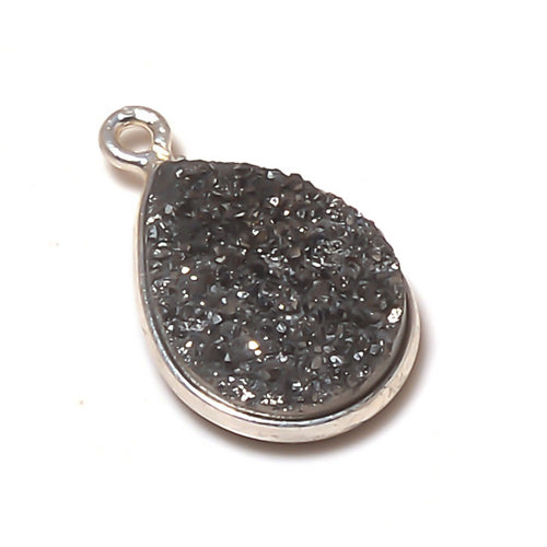 Stone Connectors & Drops. Sterling Silver 7.2mm Width by 13.0mm Length, Druzy - Black Stone, Tear Drop, Drop with one 3.3mm Closed Ring. Quantity Per Pack: 1 Piece.