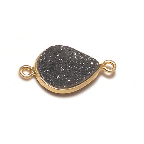 Stone Connectors & Drops. Sterling Silver Gold Plated / Vermeil 7.2mm Width by 16.6mm Length, Druzy - Black Stone, Tear Drop Connector with 3.3mm Closed Ring on each side. Quantity Per Pack: 1 Piece.