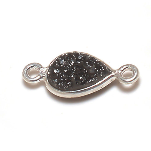 Stone Connectors & Drops. Sterling Silver 7.2mm Width by 16.6mm Length, Druzy - Black Stone, Tear Drop Connector with 3.3mm Closed Ring on each side. Quantity Per Pack: 1 Piece.