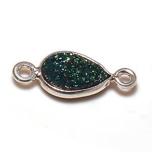 Stone Connectors & Drops. Sterling Silver 7.2mm Width by 16.6mm Length, Druzy - Green Stone, Tear Drop Connector with 3.3mm Closed Ring on each side. Quantity Per Pack: 1 Piece.