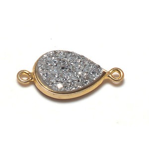 Stone Connectors & Drops. Sterling Silver Gold Plated / Vermeil 7.2mm Width by 16.6mm Length, Druzy - Silver Stone, Tear Drop Connector with 3.3mm Closed Ring on each side. Quantity Per Pack: 1 Piece.