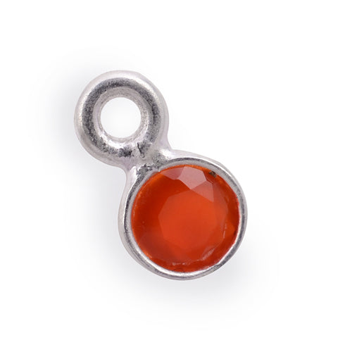 Stone Connectors & Drops. Sterling Silver 3.0mm Width / Length, Carnelian Stone, Round Drop with one 2.2mm Closed Ring. Quantity Per Pack: 1 Piece.