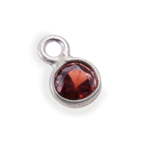 Stone Connectors & Drops. Sterling Silver 3.0mm Width / Length, Garnet Stone, Round Drop with one 2.2mm Closed Ring. Quantity Per Pack: 1 Piece.