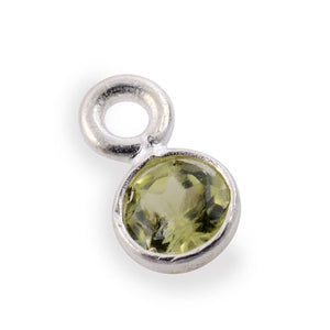 Stone Connectors & Drops. Sterling Silver 3.0mm Width / Length, Peridot Stone, Round Drop with one 2.2mm Closed Ring. Quantity Per Pack: 1 Piece.