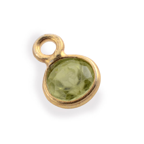 Stone Connectors & Drops. Sterling Silver Gold Plated / Vermeil 3.0mm Width / Length, Peridot Stone, Round Drop with one 2.2mm Closed Ring. Quantity Per Pack: 1 Piece.