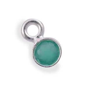 Stone Connectors & Drops. Sterling Silver 3.0mm Width / Length, Green Onyx Quartz Stone, Round Drop with one 2.2mm Closed Ring. Quantity Per Pack: 1 Piece.