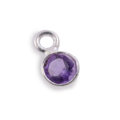 Stone Connectors & Drops. Sterling Silver 3.0mm Width / Length, Amethyst Stone, Round Drop with one 2.2mm Closed Ring. Quantity Per Pack: 1 Piece.