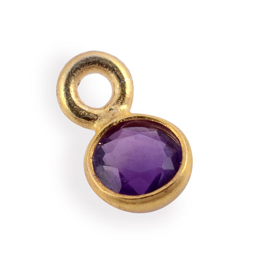 Stone Connectors & Drops. Sterling Silver Gold Plated / Vermeil 3.0mm Width / Length, Amethyst Stone, Round Drop with one 2.2mm Closed Ring. Quantity Per Pack: 1 Piece.