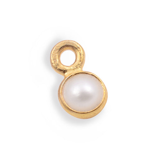 Stone Connectors & Drops. Sterling Silver Gold Plated / Vermeil 3.0mm Width / Length, Pearl Stone, Round Drop with one 2.2mm Closed Ring. Quantity Per Pack: 1 Piece.